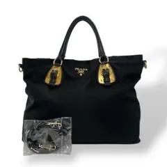 プラダ　2way ショルダーバッグ　ハンドバッグ　金ロゴ　A4可　黒　ナイロン