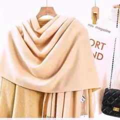 【新品・未使用】大判マフラー　 ベージュ　フリンジ付き