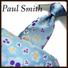 美品 ポールスミス ネクタイ シルク 花柄 総柄 マルチカラー 水色