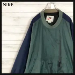 【90s】ナイキ☆ナイロンプルオーバー　刺繍スウォッシュ　紺×緑　ワッペン　XL