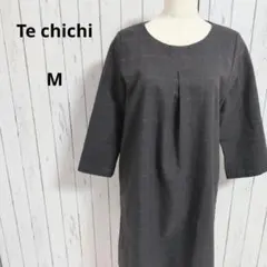 テチチ☆七分袖 　タックワンピース　M　グレー系　グレンチェック　バックジップ