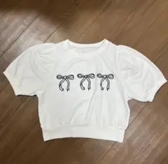 リボンモチーフ パフスリーブ ショート丈Tシャツ ホワイト 半袖のサムネイル