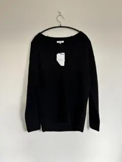 PLST未使用タグ付リブ編みVネック長袖ニットブラックウール100