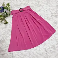 ベルト付き フレアスカート ピンク ミモレ丈 上品 きれいめ レディース