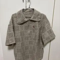 レース編み ベージュ 半袖シャツ ハーフジップのサムネイル