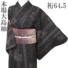 本場大島紬 着物 袷 7マルキ 泥染 唐草 裄64.5 Ｍ 新古品 sn1979