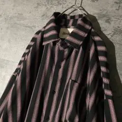 【ストライプ テロ感 長袖 シャツ】黒×赤 L〜 韓国古着 薄手 ポリエステル