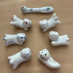 猫の置物または陶器箸置き6＋1 計7個セット