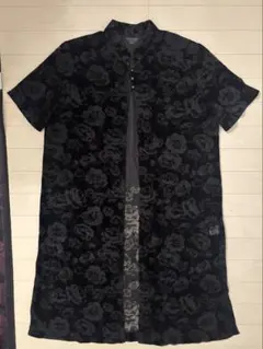 古着 薔薇柄ベロアチャイナ風ロングシャツ