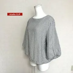 studio CLIP 麻55％ ストライプ バルーンスリーブ ブラウス