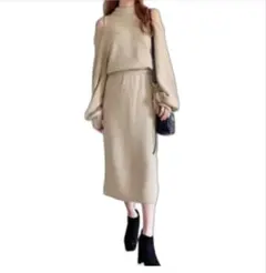 ミシェルマカロン 肩あき ビジューロングニットワンピース ベージュ フリーサイズ