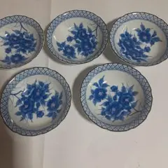 ⑤青い花柄 陶器製小鉢　皿 5枚セット