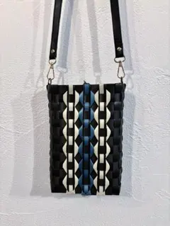 PPバンドバック、プラカゴ、ショルダーバック、かごバッグ　黒×クリーム×青緑