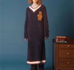 ジェラートピケ ネイビー テディベア刺繍 Vネックルームウェア ジェラピケ