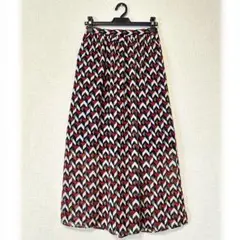 【美品】Khaju/幾何学柄フレアロングスカート/赤×ネイビー/FREE/シアー