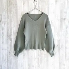 GRL グレイル Vネック ニット　トップス　グリーン　パフ袖　ショート丈　春