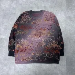 【美品】花柄ジャカード クルーネックニット パープル×ブラック 秋冬