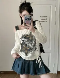 Y2Kオフショルダー長袖Tシャツ、カジュアルルーズフィット