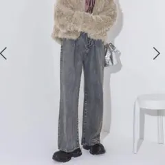 美品JEANASISジーナシスタックデニムワイドパンツブルー系 リング加工 S