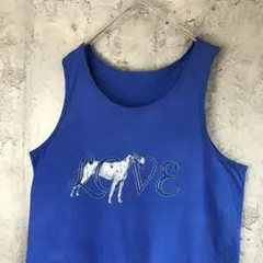 A4252古着　タンクトップ　青　ノースリーブ　カットオフ　90s Y2K