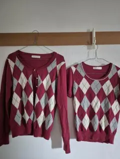 ワインレッド ダイヤモンド柄 カーディガン・セーターセット　アンサンブル
