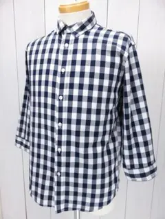 【値下げ】アーバンリサーチドアーズ　８分袖シャツ　チェック柄　紺　白　３８　S