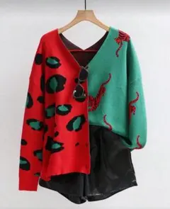 インポート　ニット 赤と緑 タイガーレオパード　派手可愛　カーディガン　アウター