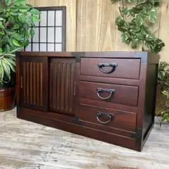 訳あり品【96】民芸家具木製桐材総桐天然無垢和チェスト横長テレビ台サイドボード 訳あり品！【53】民芸家具桐材天然無垢和引き戸付きチェスト横長