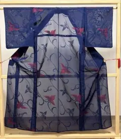 A 夏物 美品 リーフ模様 藍色 絽 紗 薄物 正絹 小紋 着物 K408のサムネイル