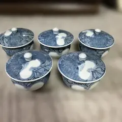 有田焼青色波模様陶器蓋付き湯飲み5個セット