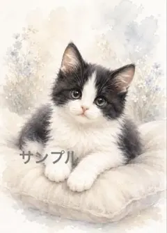 長毛 ハチワレ猫 水彩画風 - メルカリ