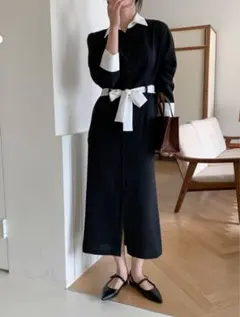 ストラップ付配色シャツワンピース・B010529