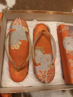 草履とバッグのセット オレンジ 花柄刺繍