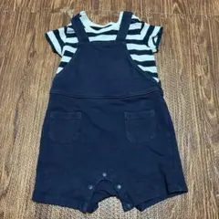 80 ユニクロ　ネイビー ストライプTシャツ付きオーバーオール