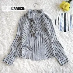 【✨ナラカミーチェ】ストライプフリルブラウス　ストレッチ　長袖　美シルエット