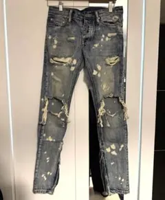 28 【美品】mnml ミニマル スキニー デニム ダメージペンキ加工 裾ジップ