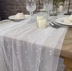 ホワイトチュールテーブルクロス パール装飾