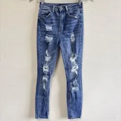 ワックスジーンズ デニム ダメージ スキニー スリム 青 綿 デイリーのサムネイル