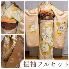 【振袖フルセット】大輪牡丹 雲取地紋 クリームベージュ 7点セット