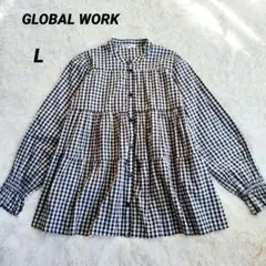 グローバルワーク　ギンガムチェックバンドカラーティアードブラウス　L