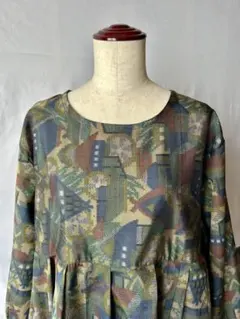 着物リメイク　ロングワンピース　風景　パフスリーブ　 L L