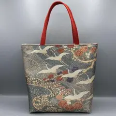 着物 帯 帯締め ハンドメイド トートバッグ リメイク 青 金 鶴