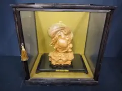 美品】木彫り 踊り布袋 布袋様 置物 ガラスケース付き 七福神 縁起物