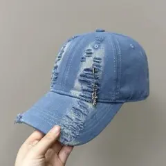 ダメージ加工 ブルーベースボールキャップ y2k グラフィック 青ダークコア