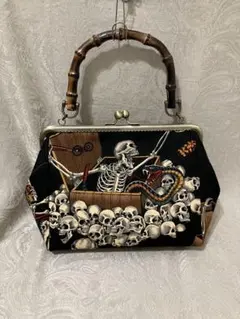 アレキサンダーヘンリー　ドクロ&デニム　がま口　バンブー　バッグ　着物バッグ