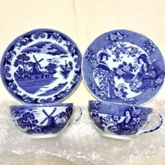 トリオ　印判染付　透かし芸者　ホクロ　明治　梅　カップアンドソーサー　イ号 トリオ 印判染付 透かし芸者 ホクロ 明治 梅 カップアンド