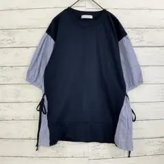 ショコラフィネローブ 異素材 切替 カットソー ネイビー ストライプ F