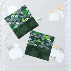 コースター　かえる柄　蓮柄　和柄　水玉柄　モスグリーン　深緑色　ハンドメイド