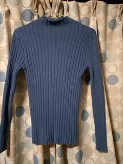 リブ編み ハイネック 長袖セーター 青