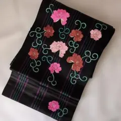 m*様 【三花】　アンティーク　名古屋帯　格子　刺繍　リサイクル　リユース
